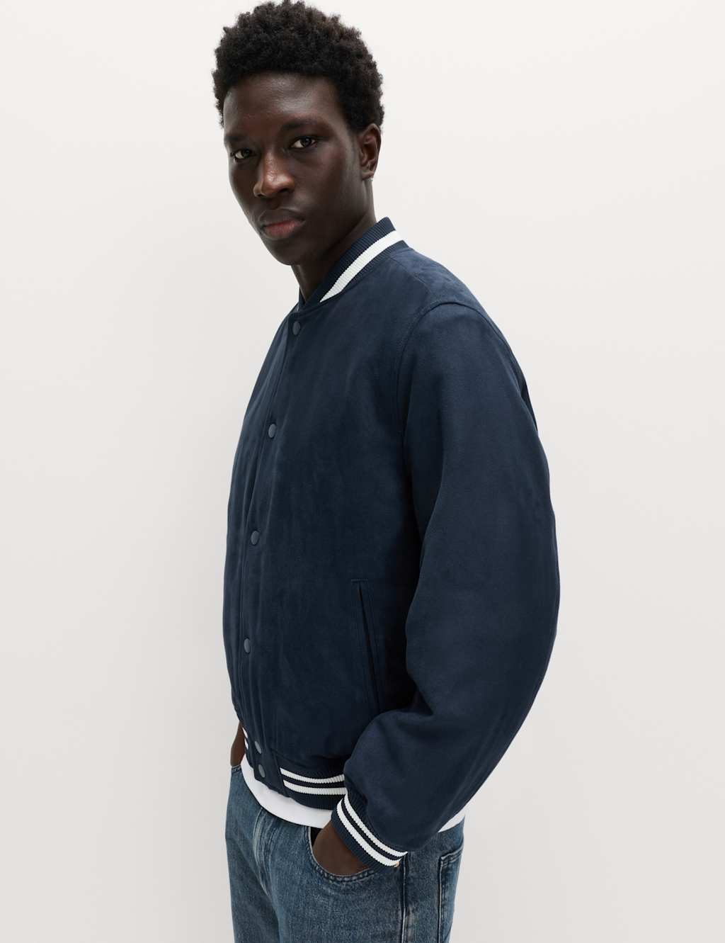 M&S Men's Mock Suede Padded Varsity Bomber Jacket - XL - Navy Mix