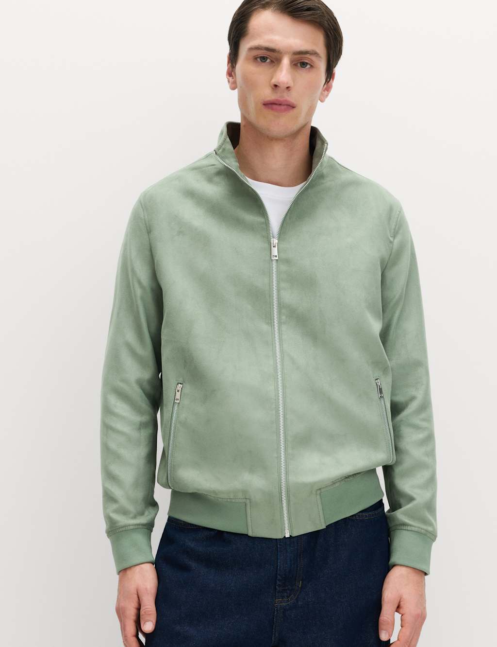 M&S Men's Faux Suede Padded Funnel Neck Jacket - 2XL - Sage Green