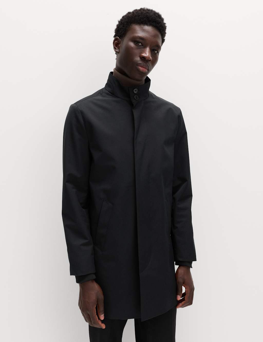 M&S Men's Funnel Neck Mac with Stormwear - L - Black