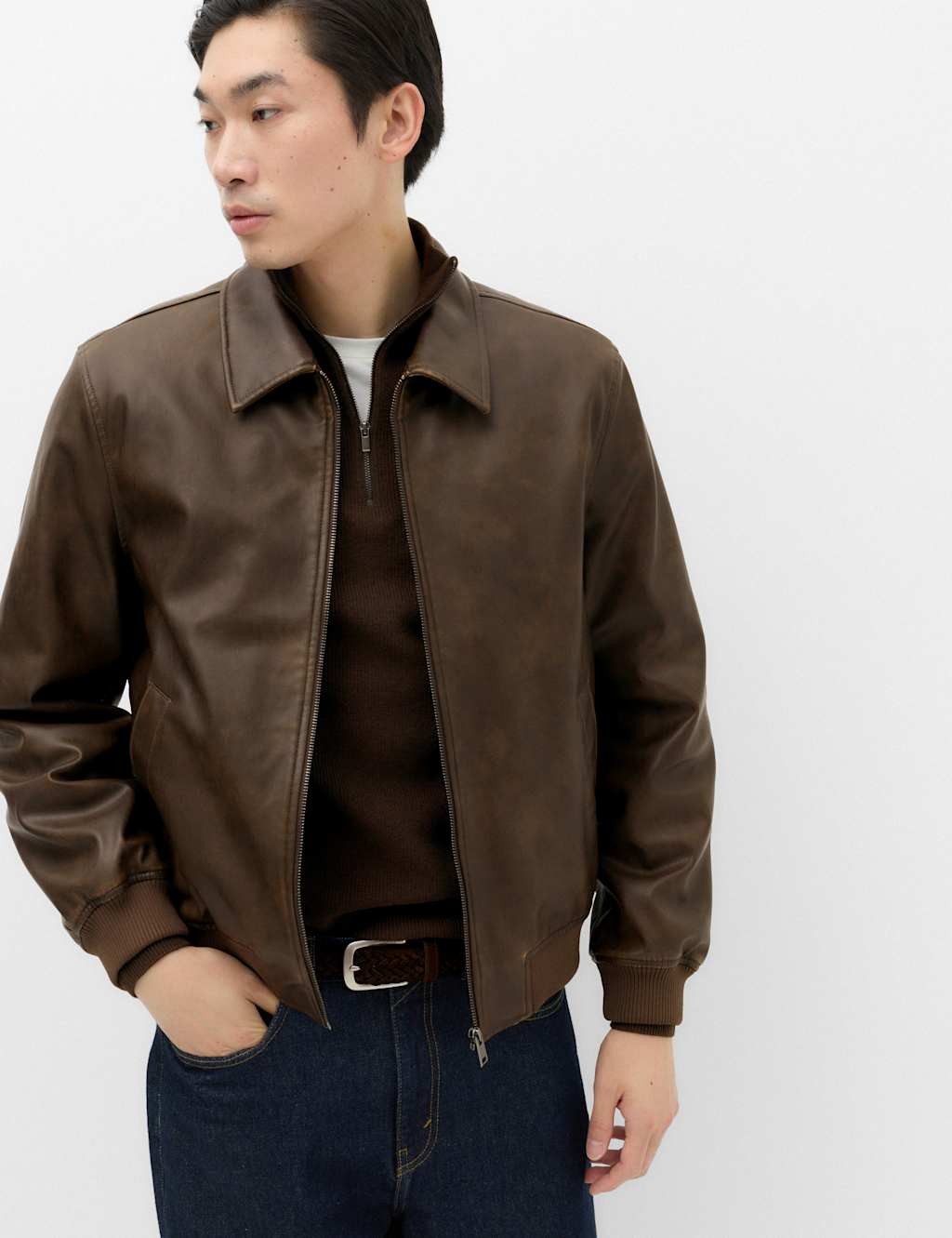 M&S Men's Faux Leather Harrington Jacket - 2XL - Brown Mix