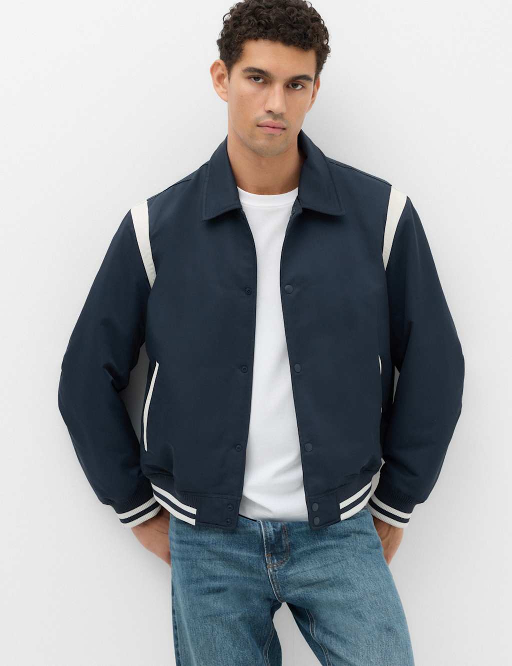 M&S Men's Satin Padded Varsity Bomber Jacket - S - Navy