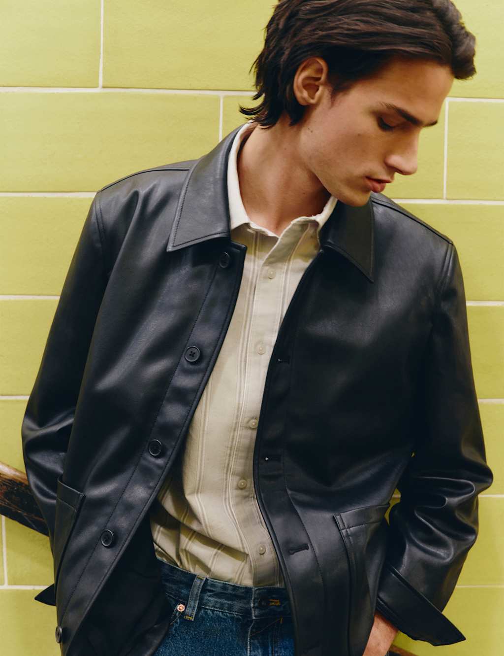 M&S Men's Faux Leather Chore Jacket - M - Black