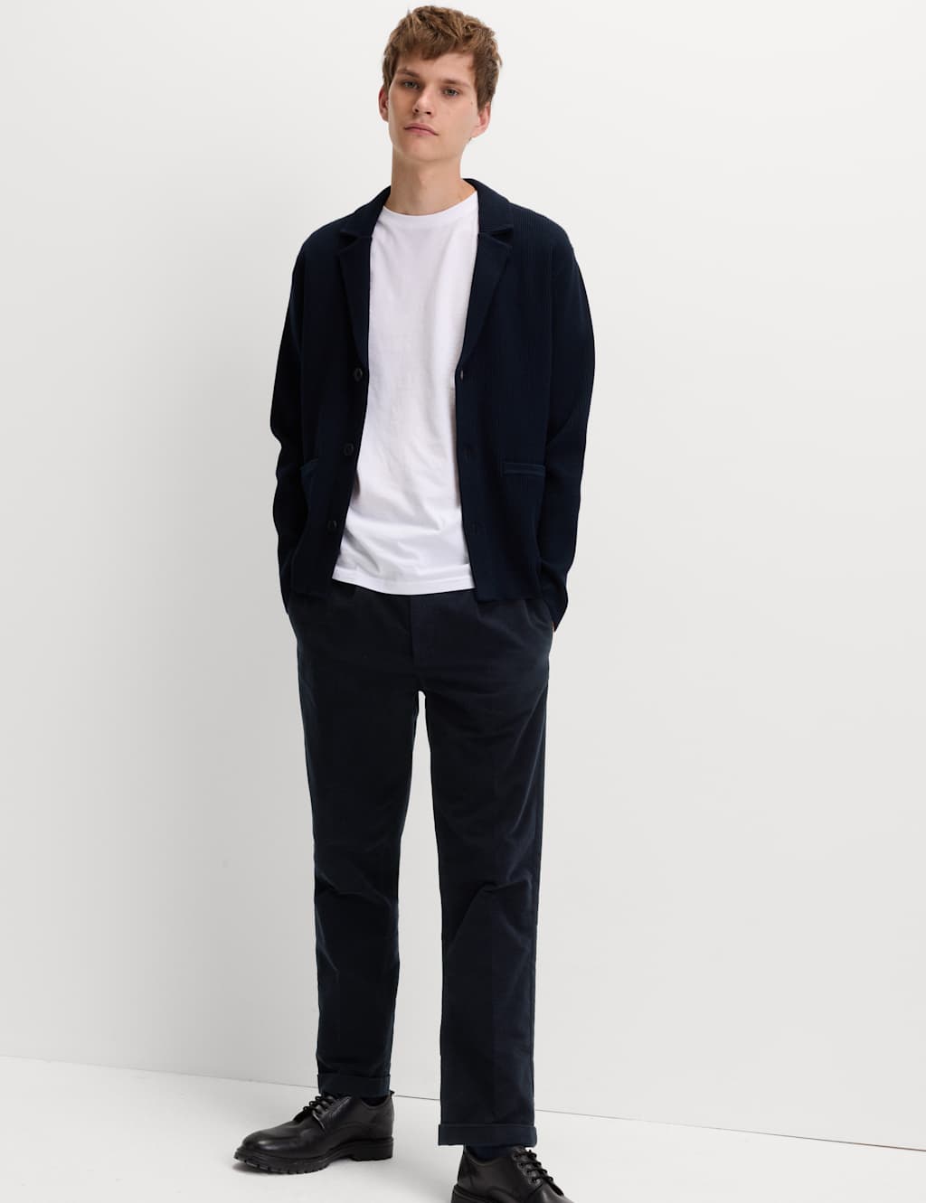 M&S Regular Fit Italian Moleskin Trousers Dark Navy