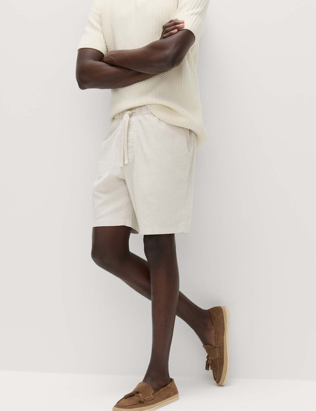 M&S Men's Cotton Linen Blend Stretch Shorts - M - Stone Mix