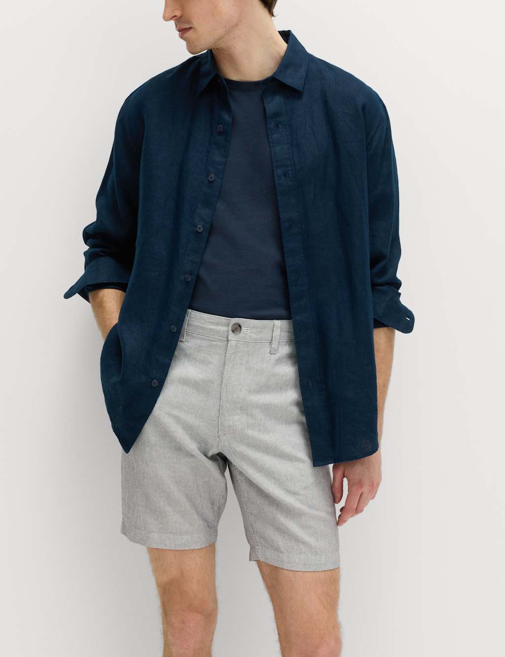 M&S Men's Linen Blend Chino Shorts - 36 - Navy Mix