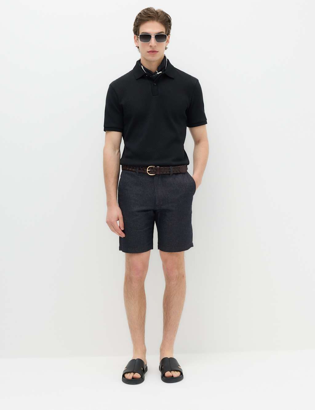 M&S Men's Linen Blend Chino Shorts - 36 - Dark Blue Denim