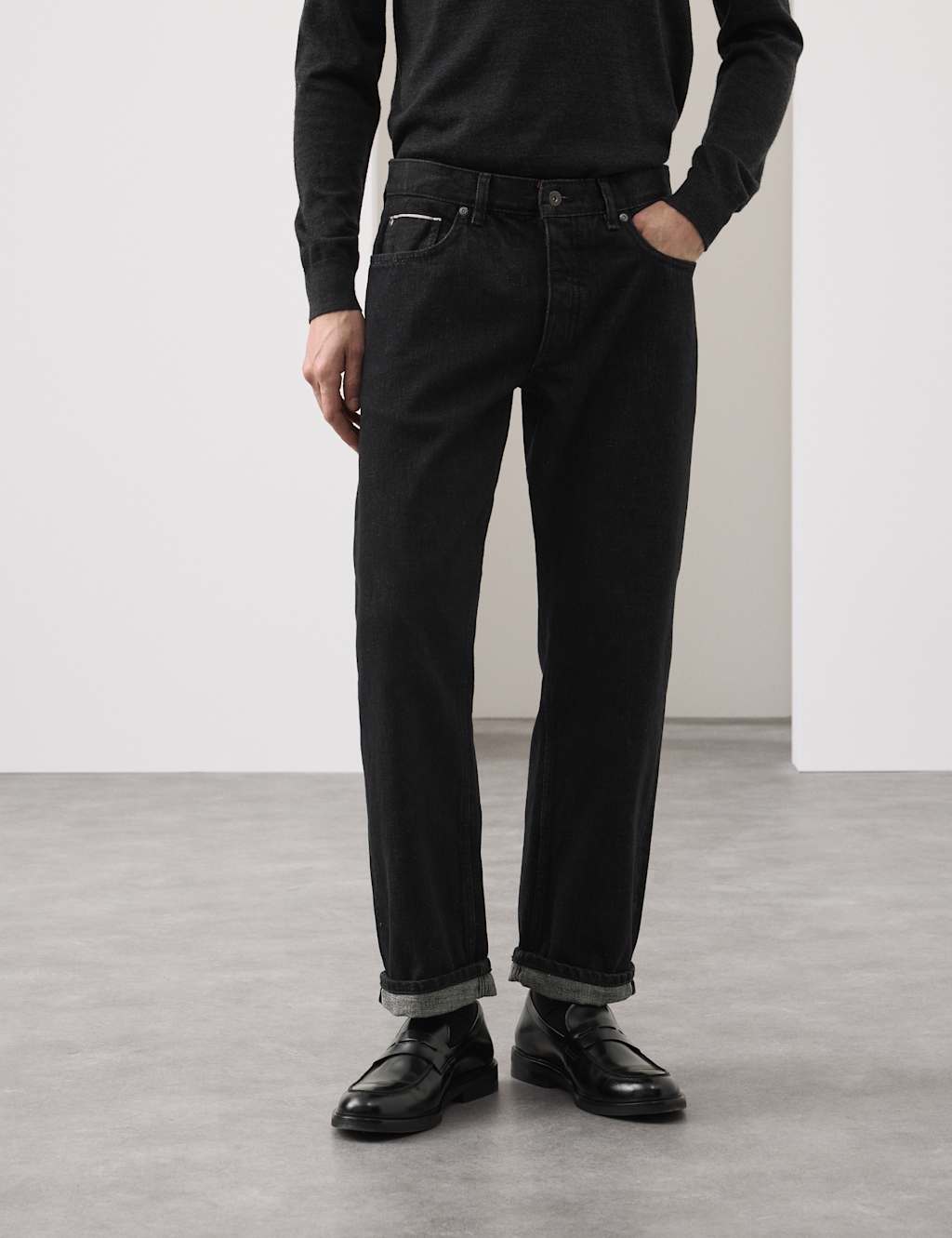Autograph Men's Straight Fit Heavyweight Selvedge Jeans - 40/33in - Black
