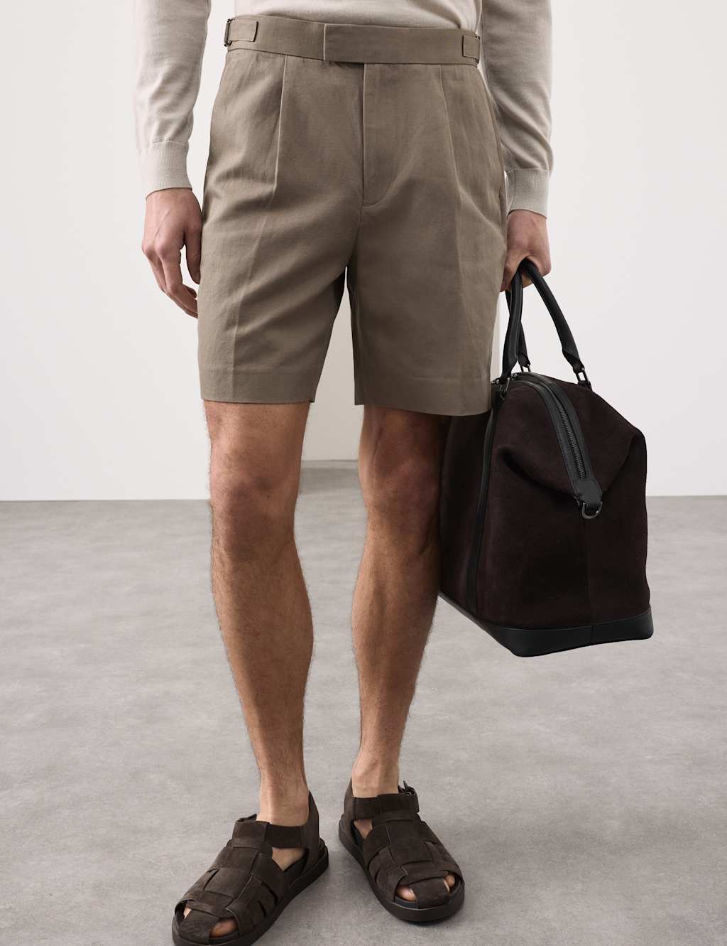Autograph Men's Cotton Linen Blend Pleat Front Shorts - 40 - Soft Brown