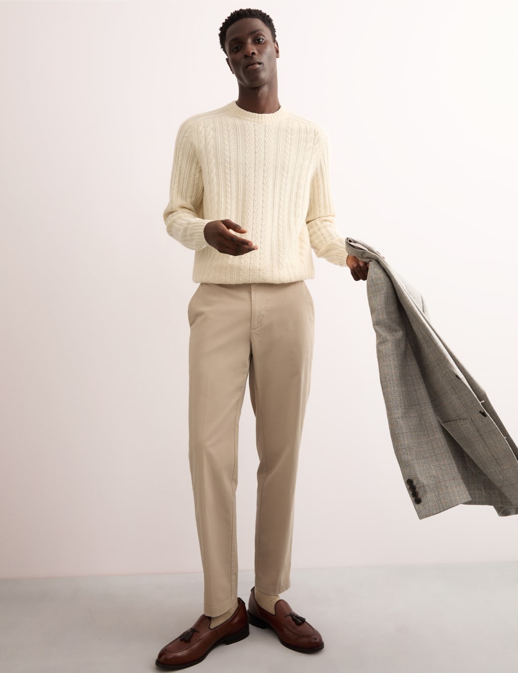 JAEGER Tapered Fit Italian Flat Front Chinos Natural