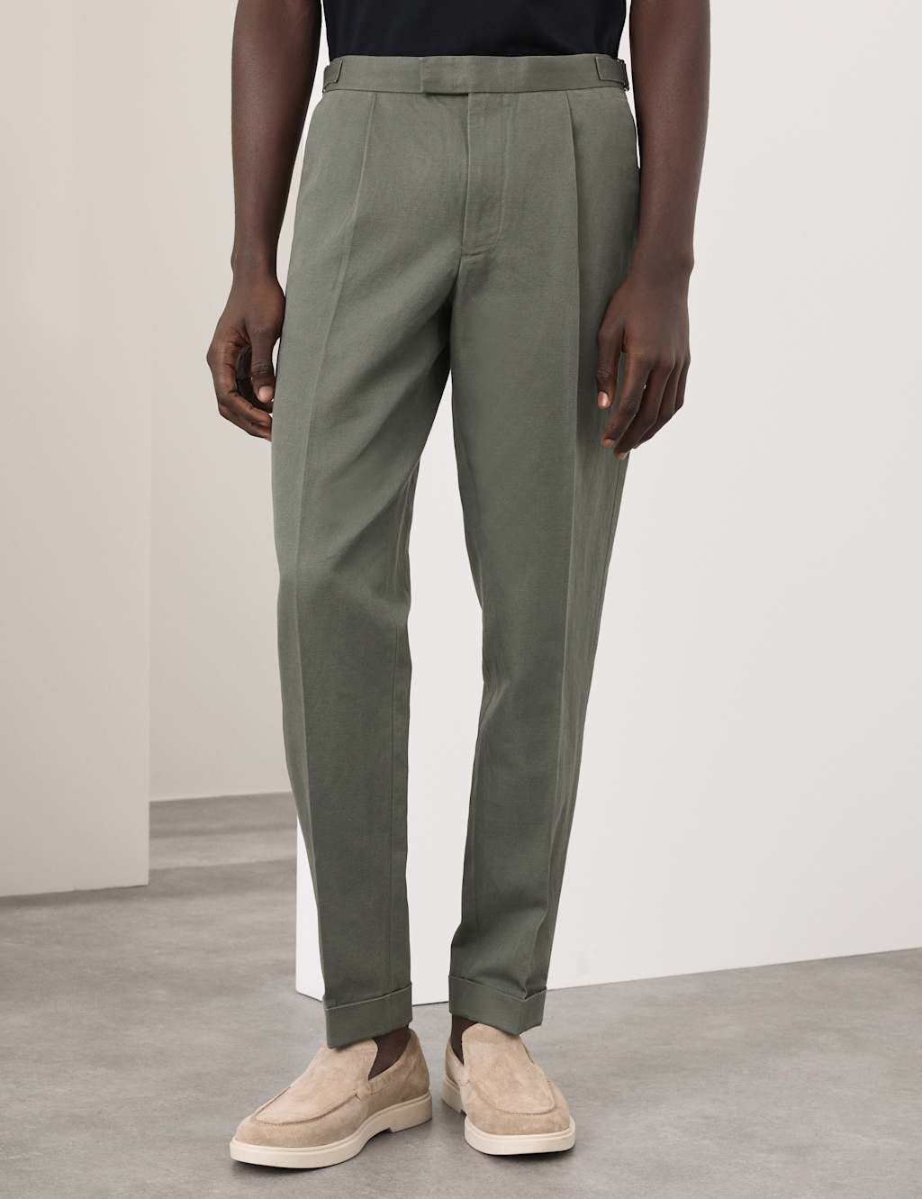Autograph Men's Tapered Fit Cotton Linen Blend Trousers - 44/29in - Dark Olive