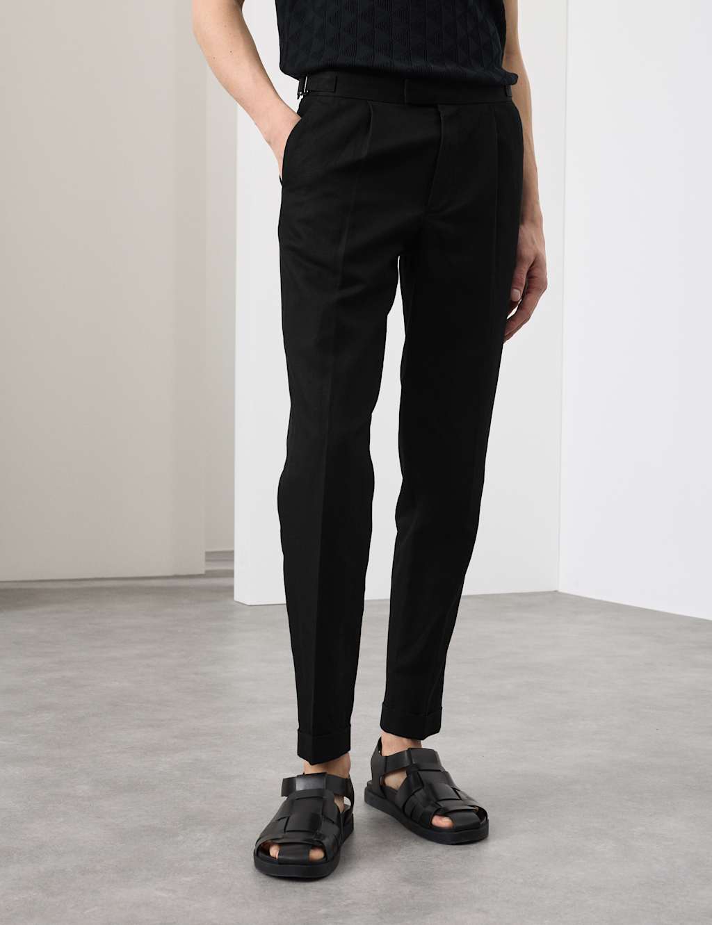 Autograph Men's Tapered Fit Cotton Linen Blend Trousers - 32/33in - Black