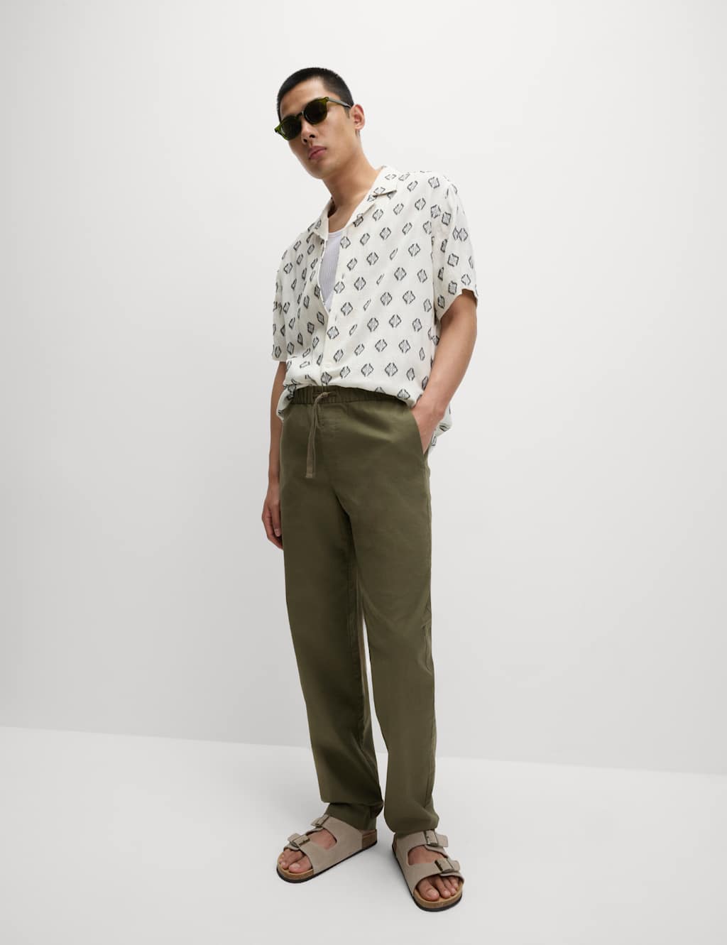 Loose Fit Cotton Linen Blend Elasticated Trousers