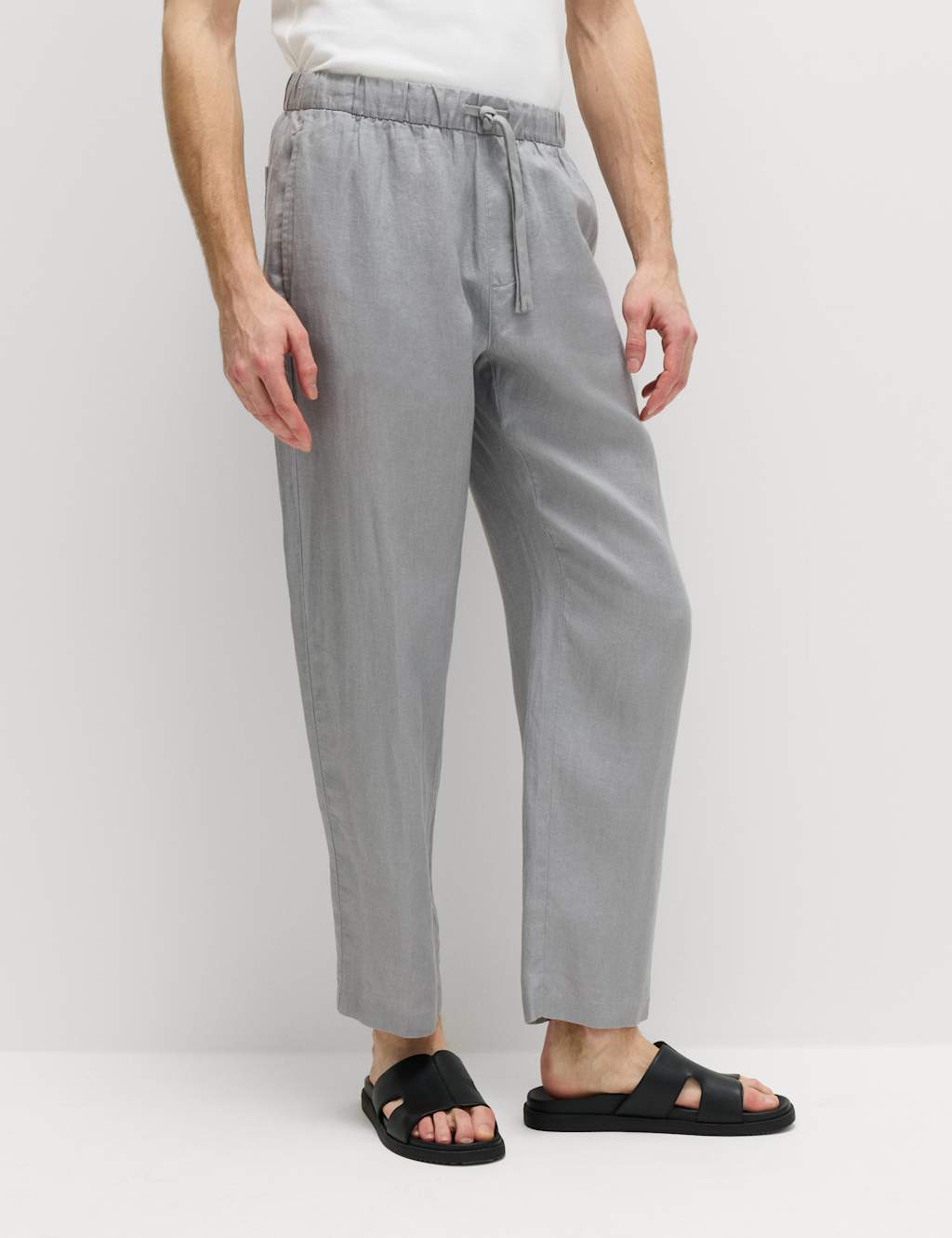 M&S Men's Loose Fit Pure Linen Elasticated Waist Trousers - XS - Chrome