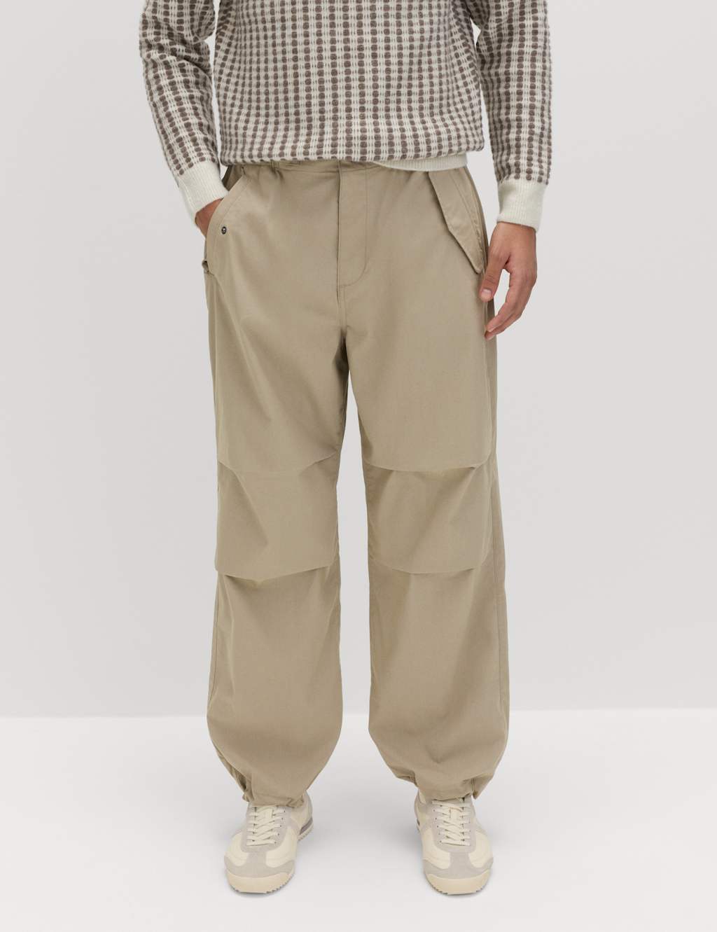 M&S Men's Loose Fit Elasticated Waist Parachute Trousers - L - Putty