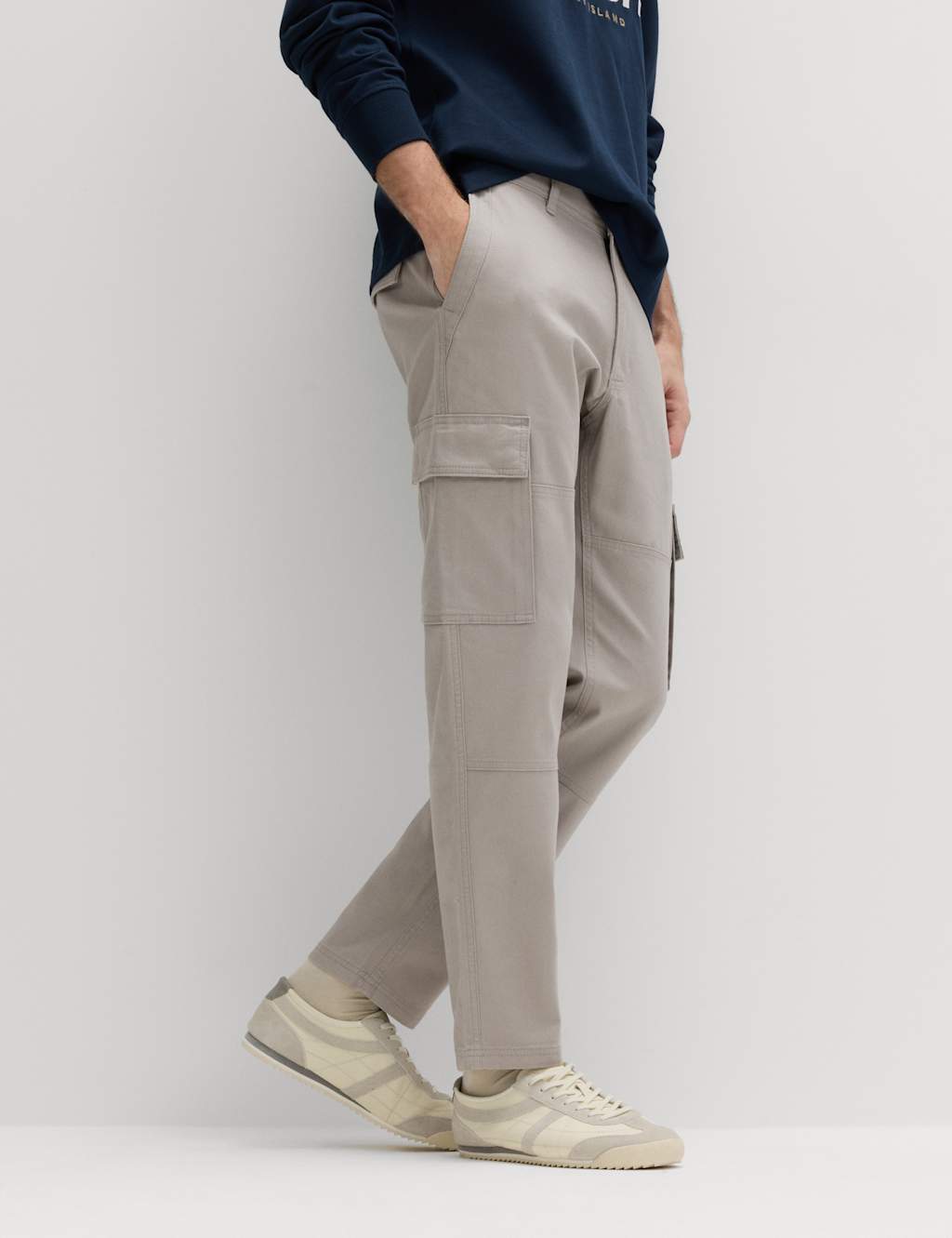 M&S Men's Tapered Fit Stretch Cargo Trousers - 44/29in - Pebble
