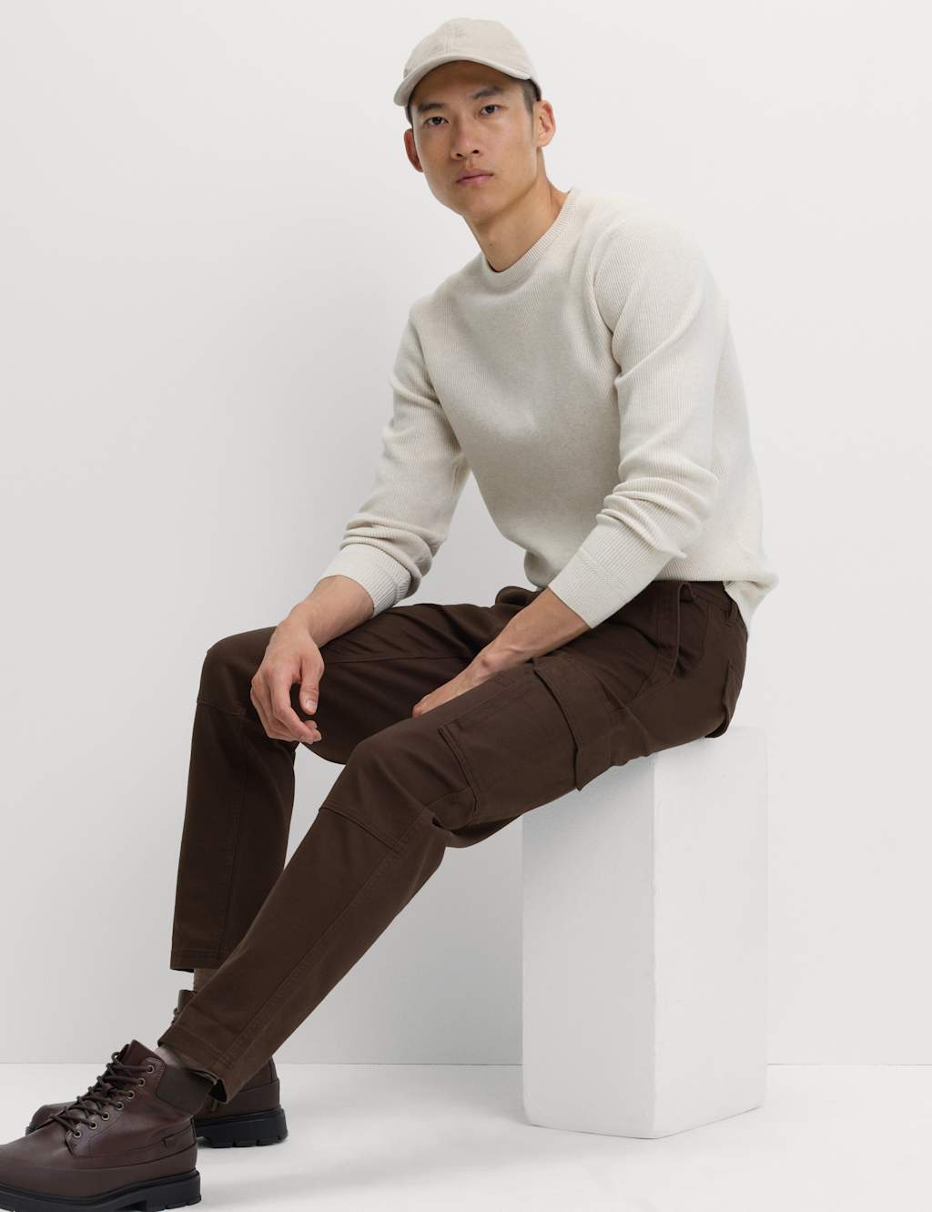 M&S Tapered Fit Stretch Cargo Trousers Bitter Chocolate
