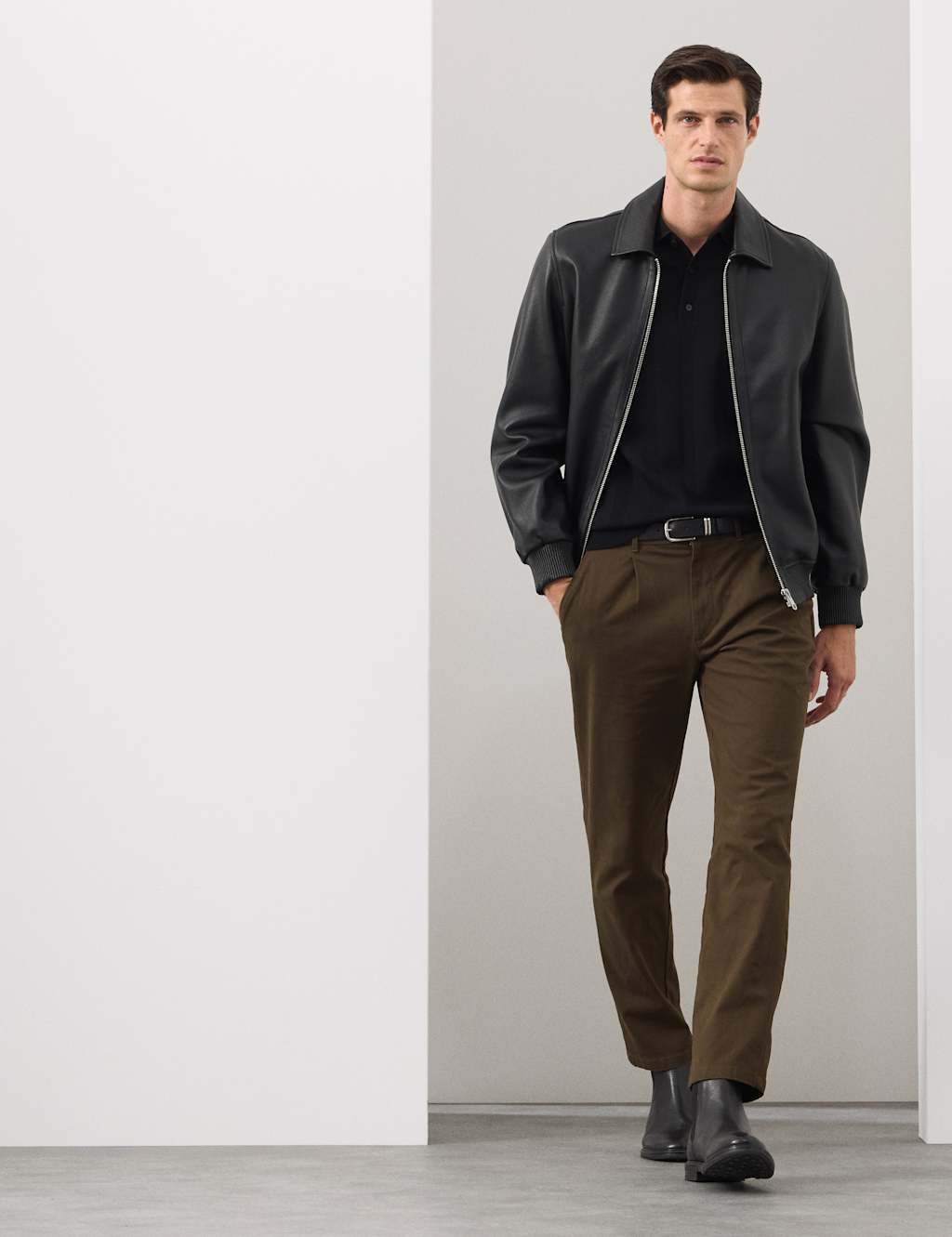 Autograph Regular Fit Textured Dobby Pleat Front Chinos Dark Olive