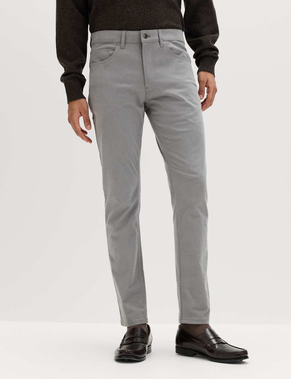 M&S Men's Slim Fit 5 Pocket Stretch Trousers - 40/31in - Ash Grey