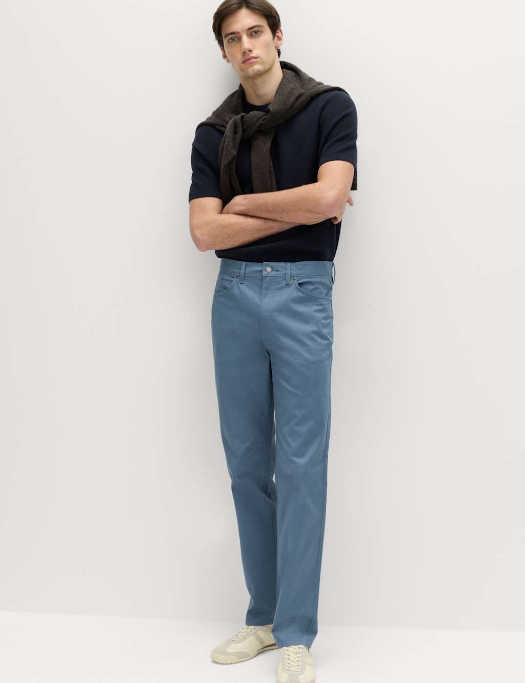 M&S Men's Straight Fit Textured 5 Pocket Trousers - 40/31in - Chambray