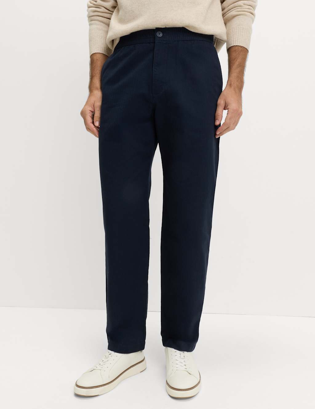 M&S Pure Cotton Herringbone Trousers Navy