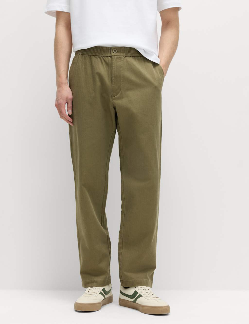 M&S Men's Pure Cotton Herringbone Trousers - XS - Khaki