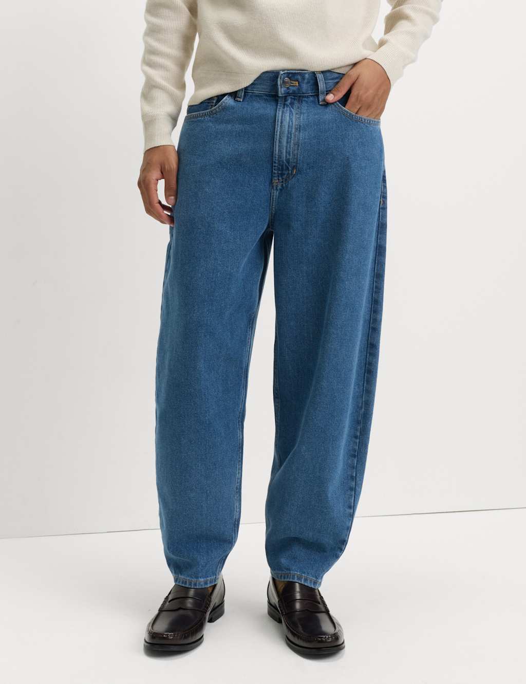 M&S Barrel Fit Pure Cotton Rigid Jeans Medium Blue