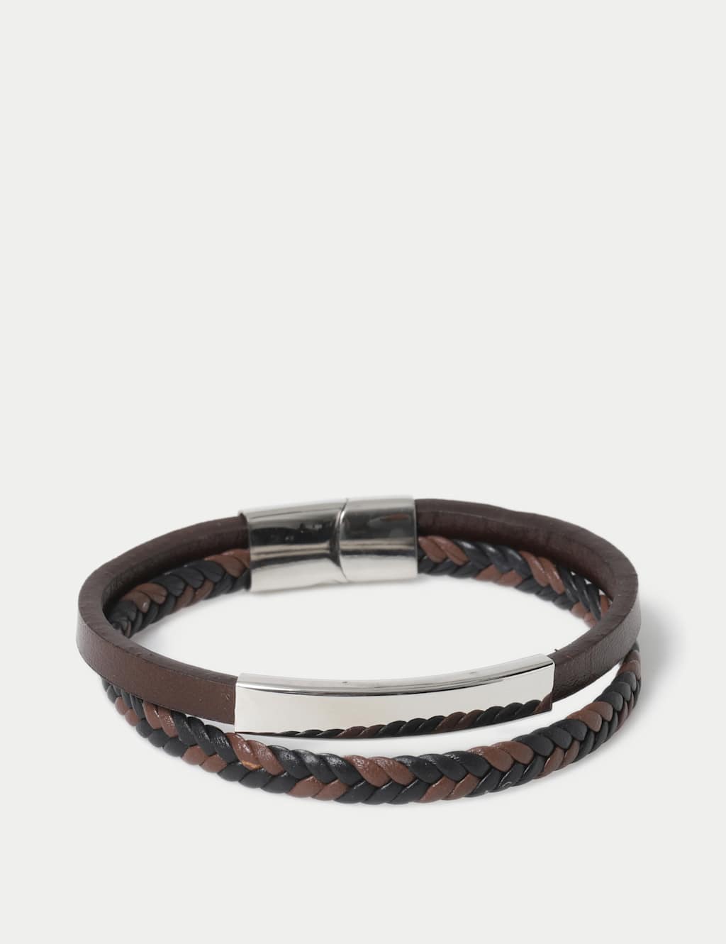 M&S Leather Double Row Plait Bracelet Brown