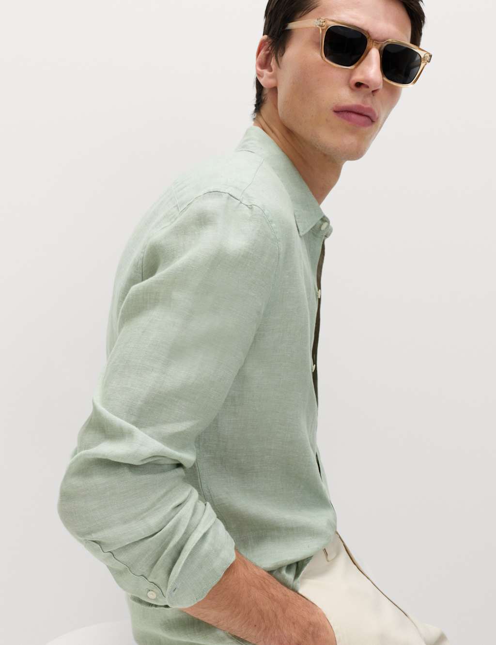 M&S Men's Slim Fit Pure Linen Shirt - 2XL - Green Mix