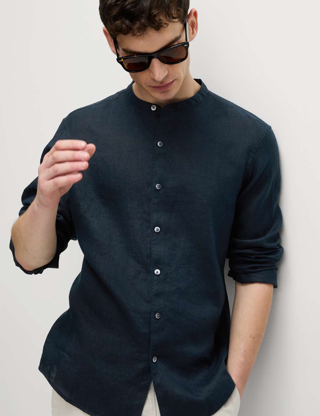 Pure Linen Grandad Collar Shirt