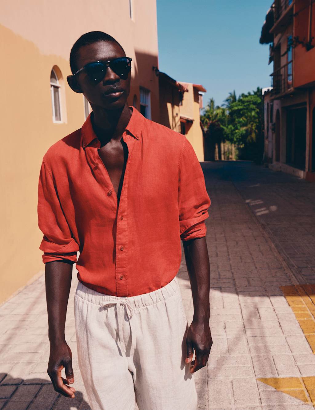 M&S Men's Pure Linen Garment Dye Shirt - L - Medium Red