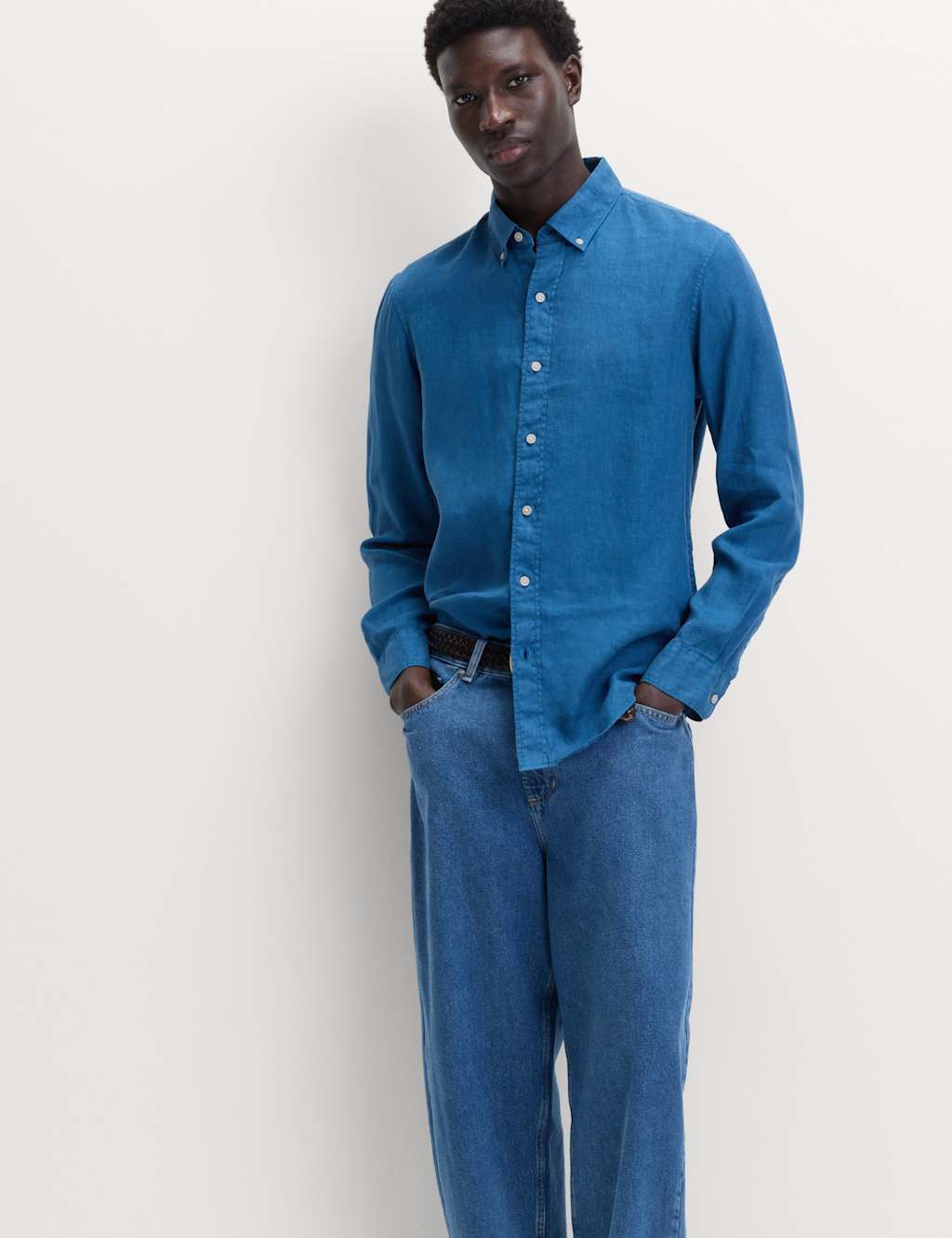 M&S Pure Linen Garment Dye Shirt Cobalt