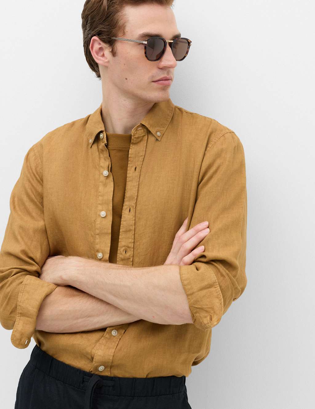 M&S Men's Pure Linen Garment Dye Shirt - M - Butterscotch