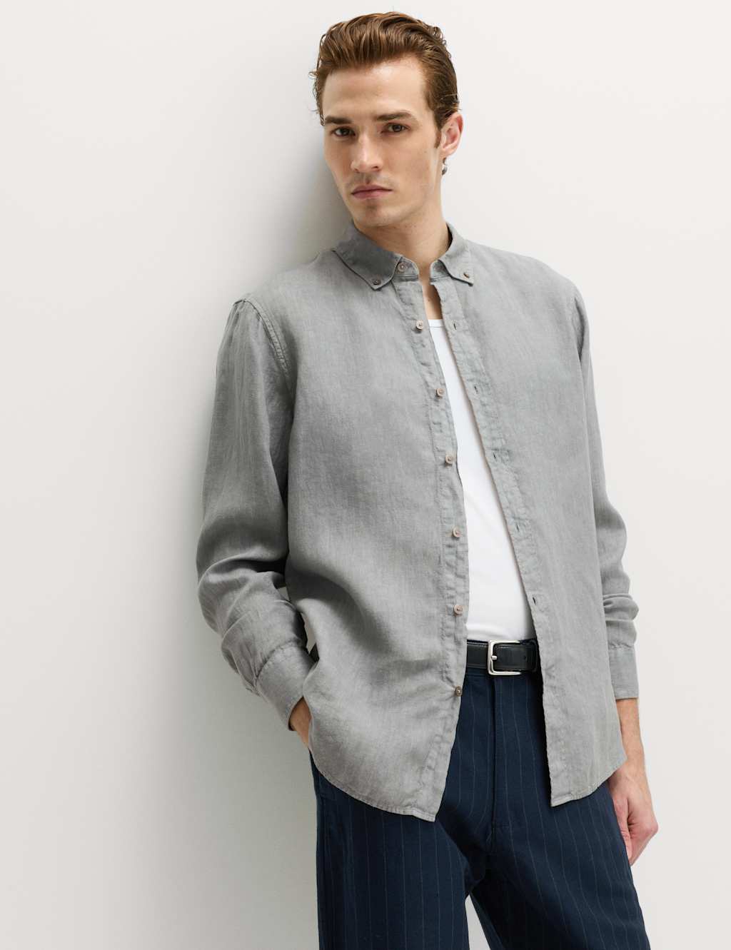 M&S Men's Pure Linen Garment Dye Shirt - S - Grey