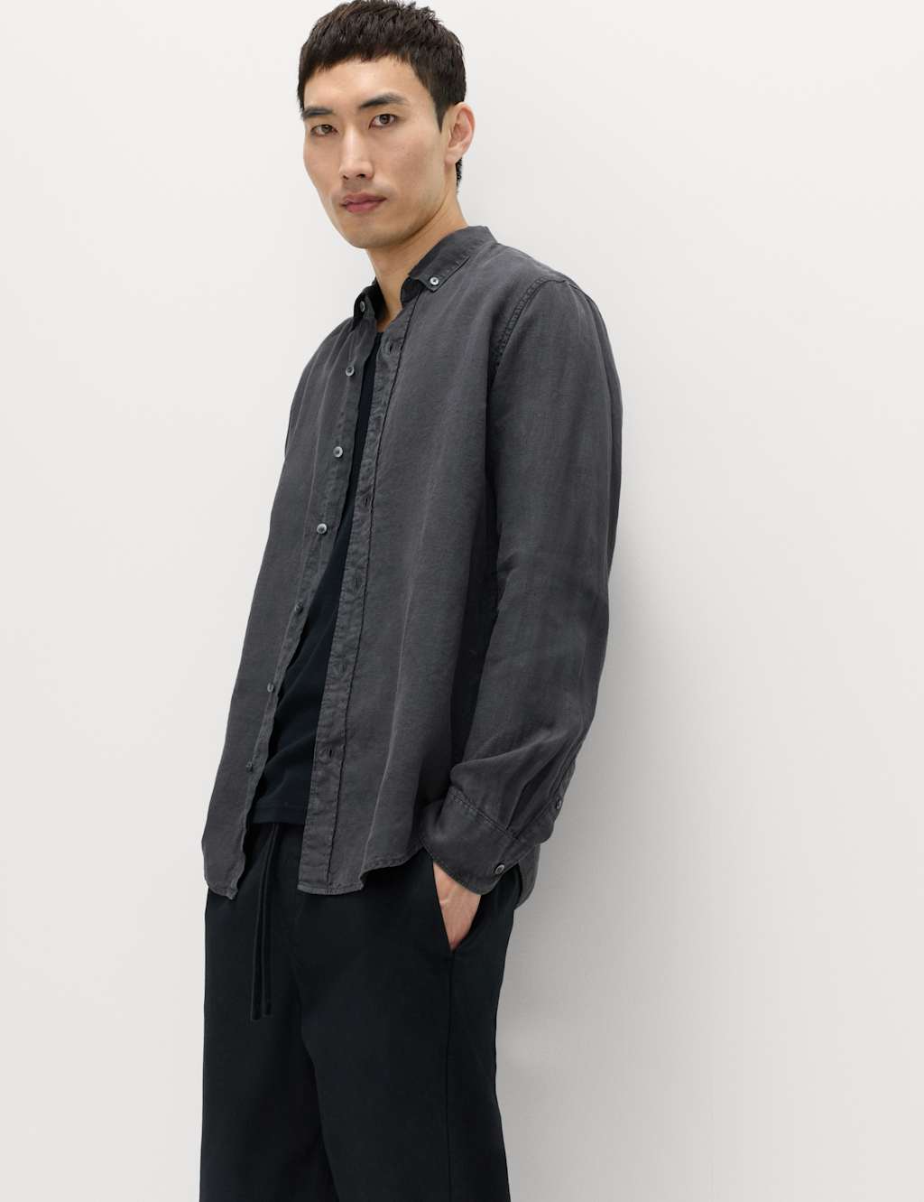 M&S Men's Pure Linen Garment Dye Shirt - XL - Charcoal