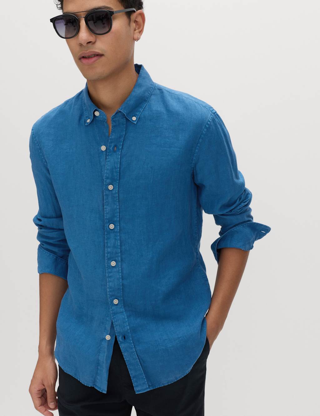 M&S Slim Fit Pure Linen Shirt Cobalt