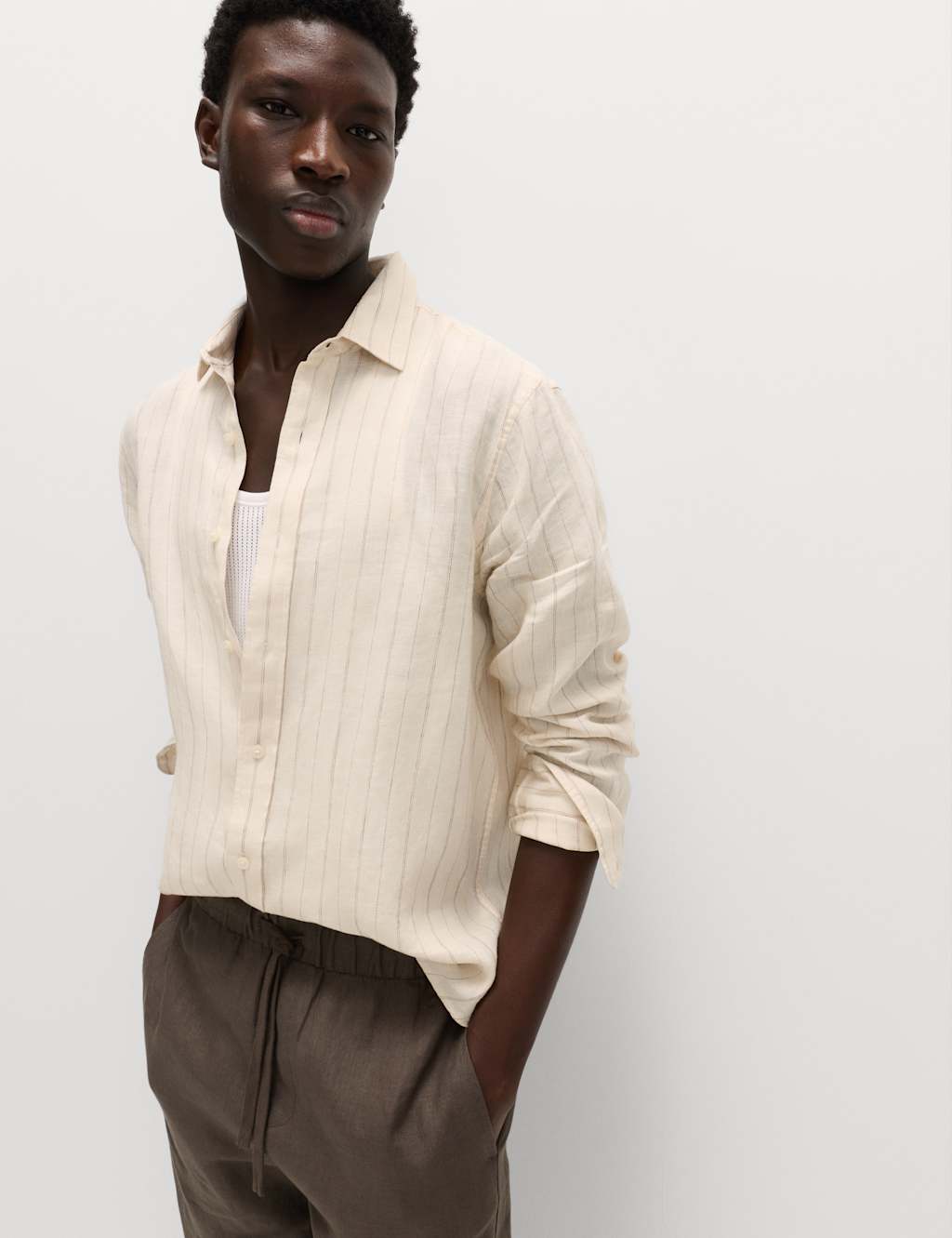 M&S Men's Regular Fit Pure Linen Striped Shirt - 2XL - Ecru Mix