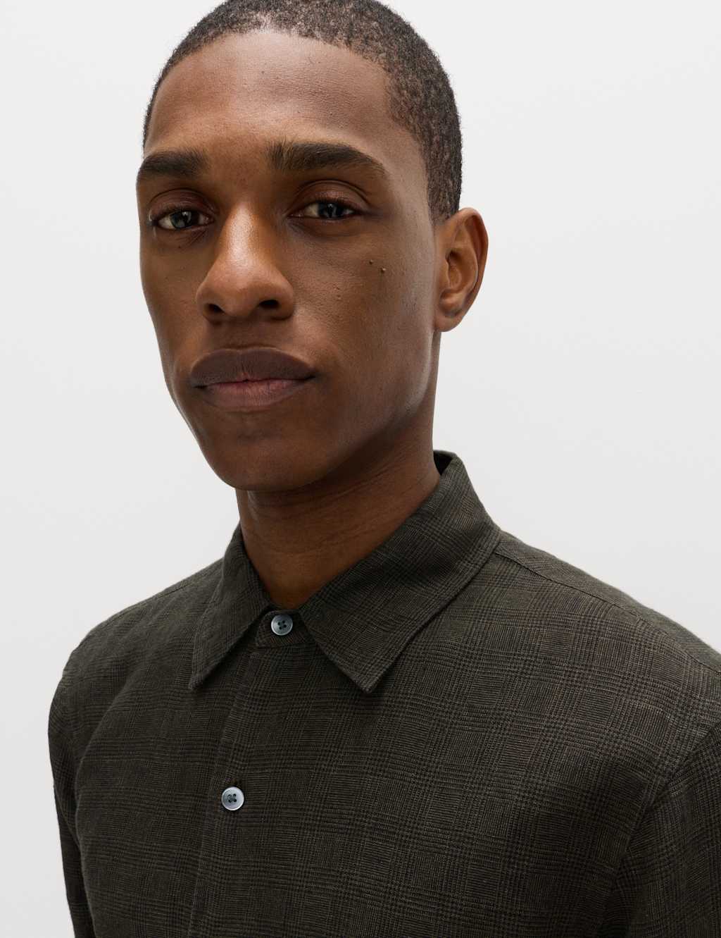 M&S Men's Pure Linen Check Shirt - 4XL - Khaki Mix