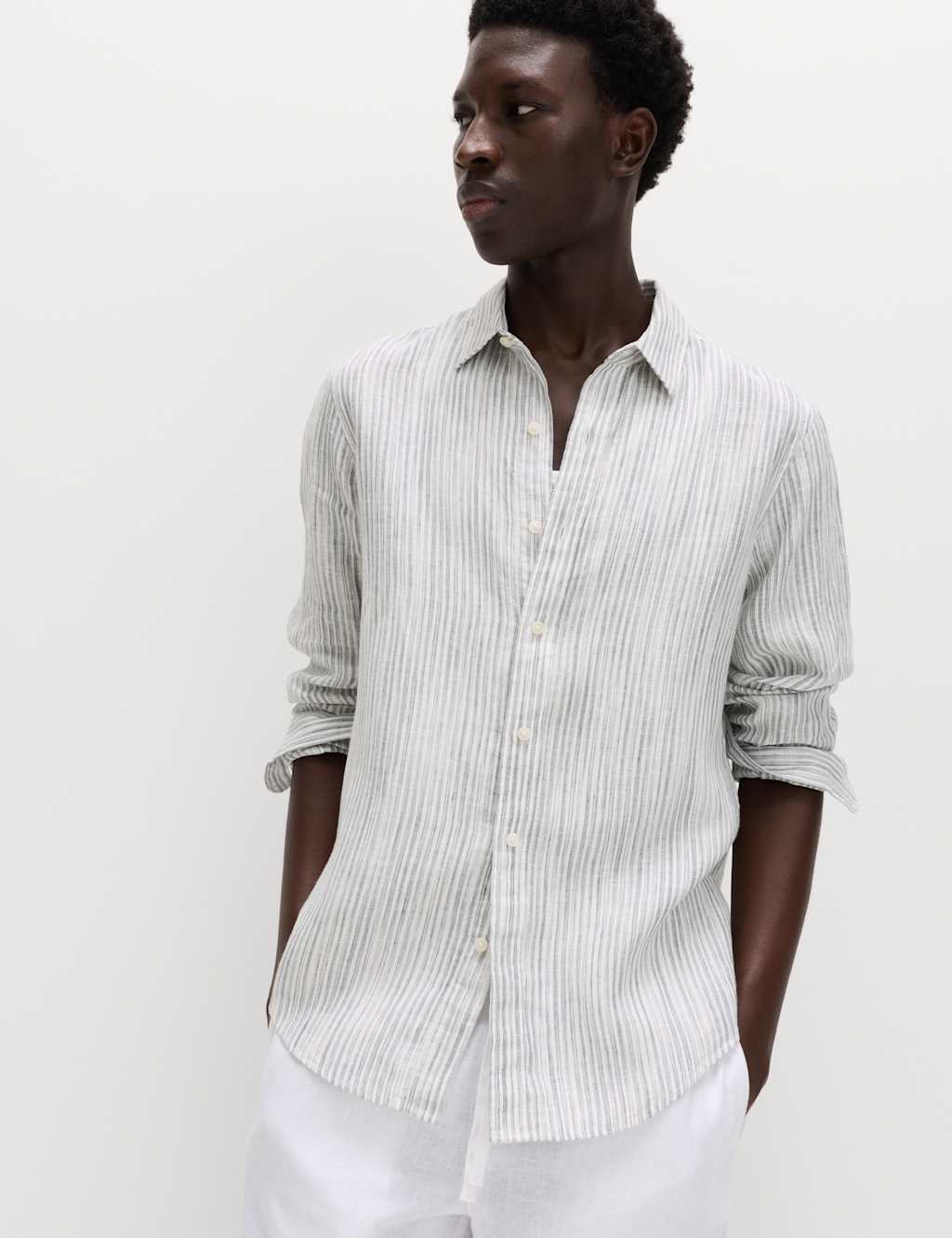 M&S Men's Pure Linen Striped Shirt - S - Pale Blue Mix