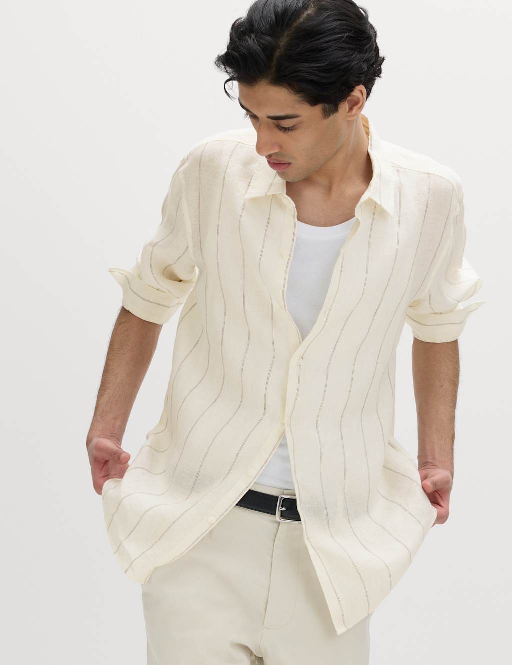 M&S Men's Regular Fit Pure Linen Striped Shirt - 4XL - White Mix