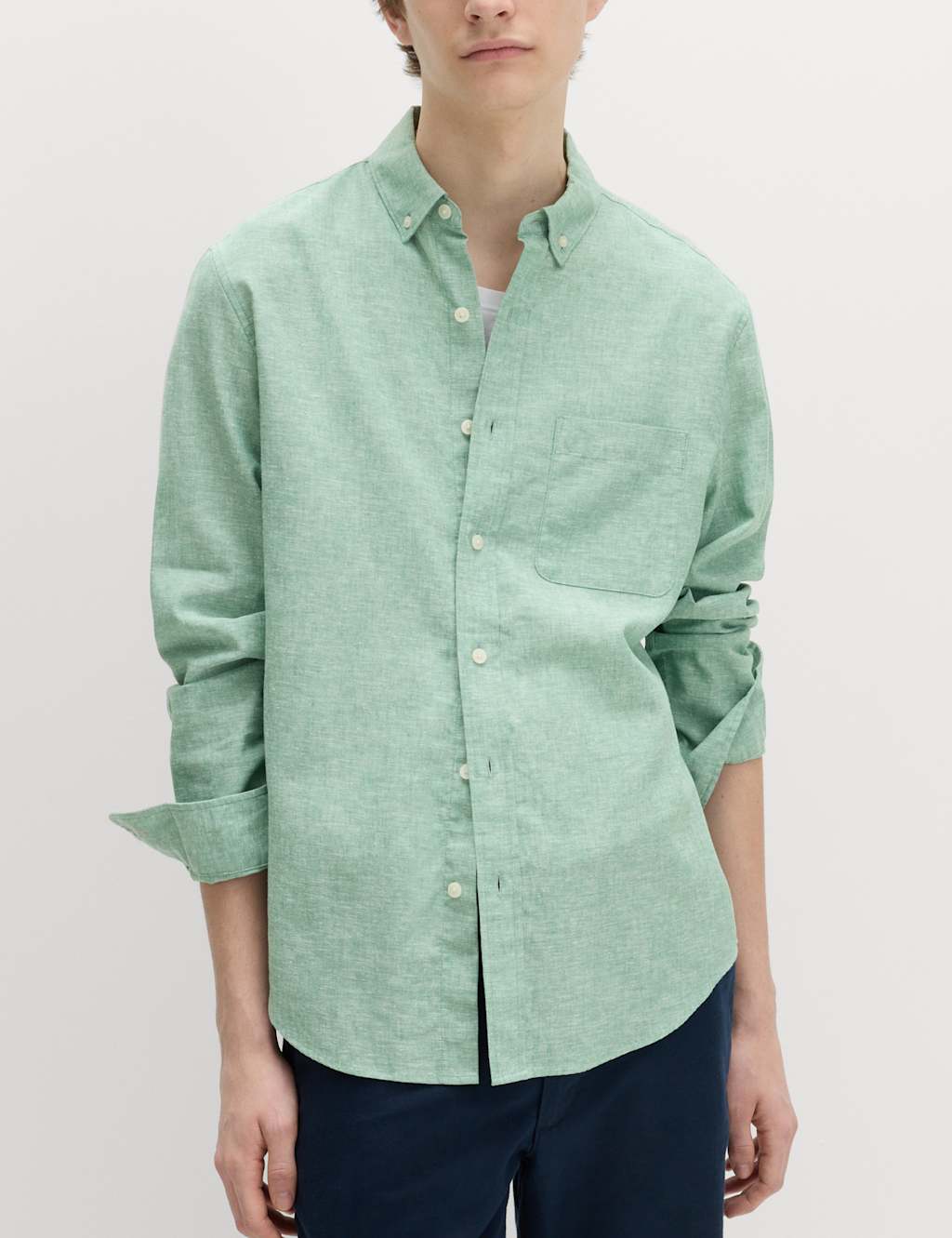 M&S Men's Regular Fit Cotton Linen Blend Shirt - 2XL - Green