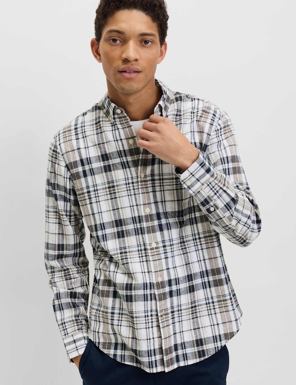 M&S Men's Linen Cotton Blend Check Shirt - M - White Mix