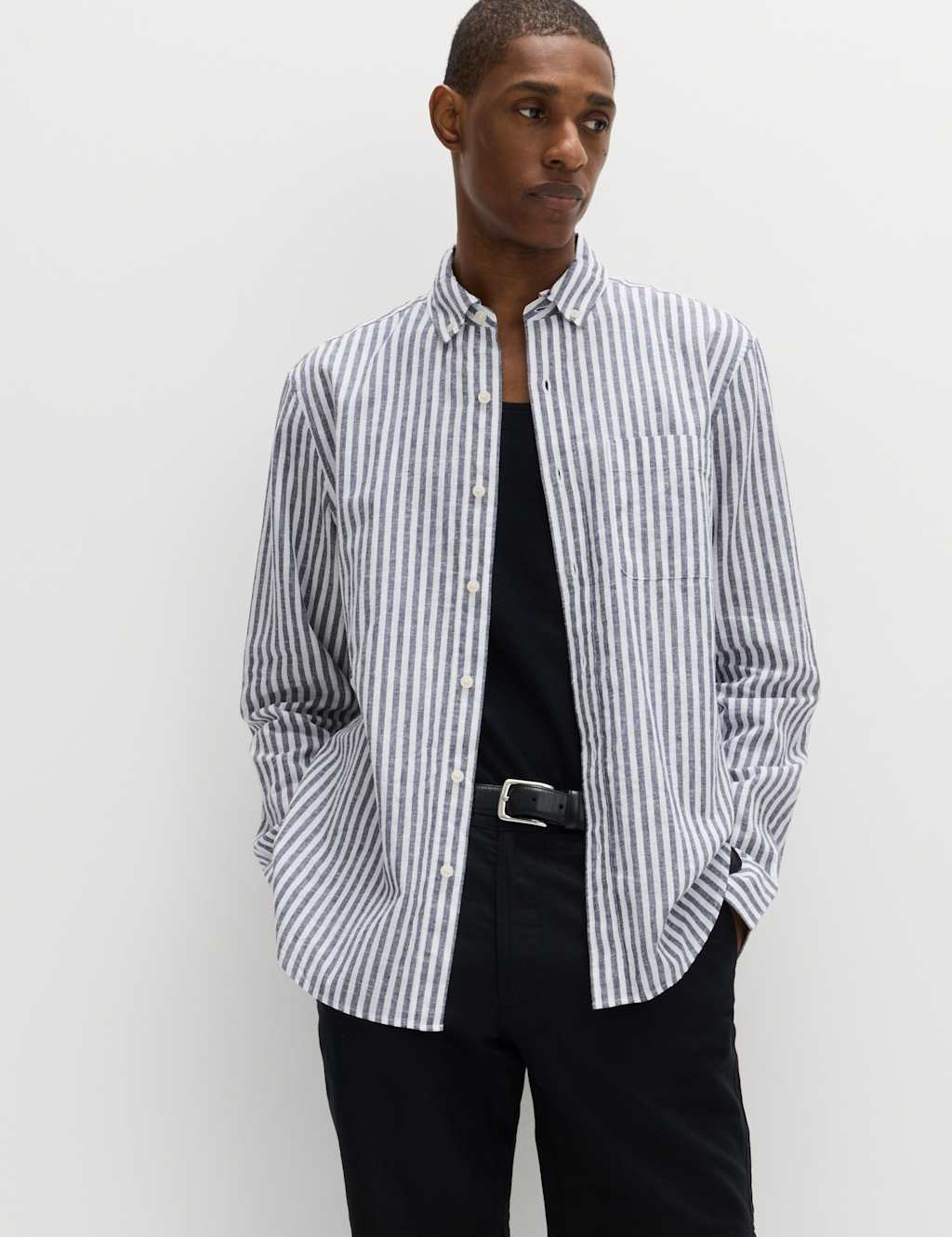 M&S Men's Linen Cotton Blend Striped Shirt - XL - Blue Mix