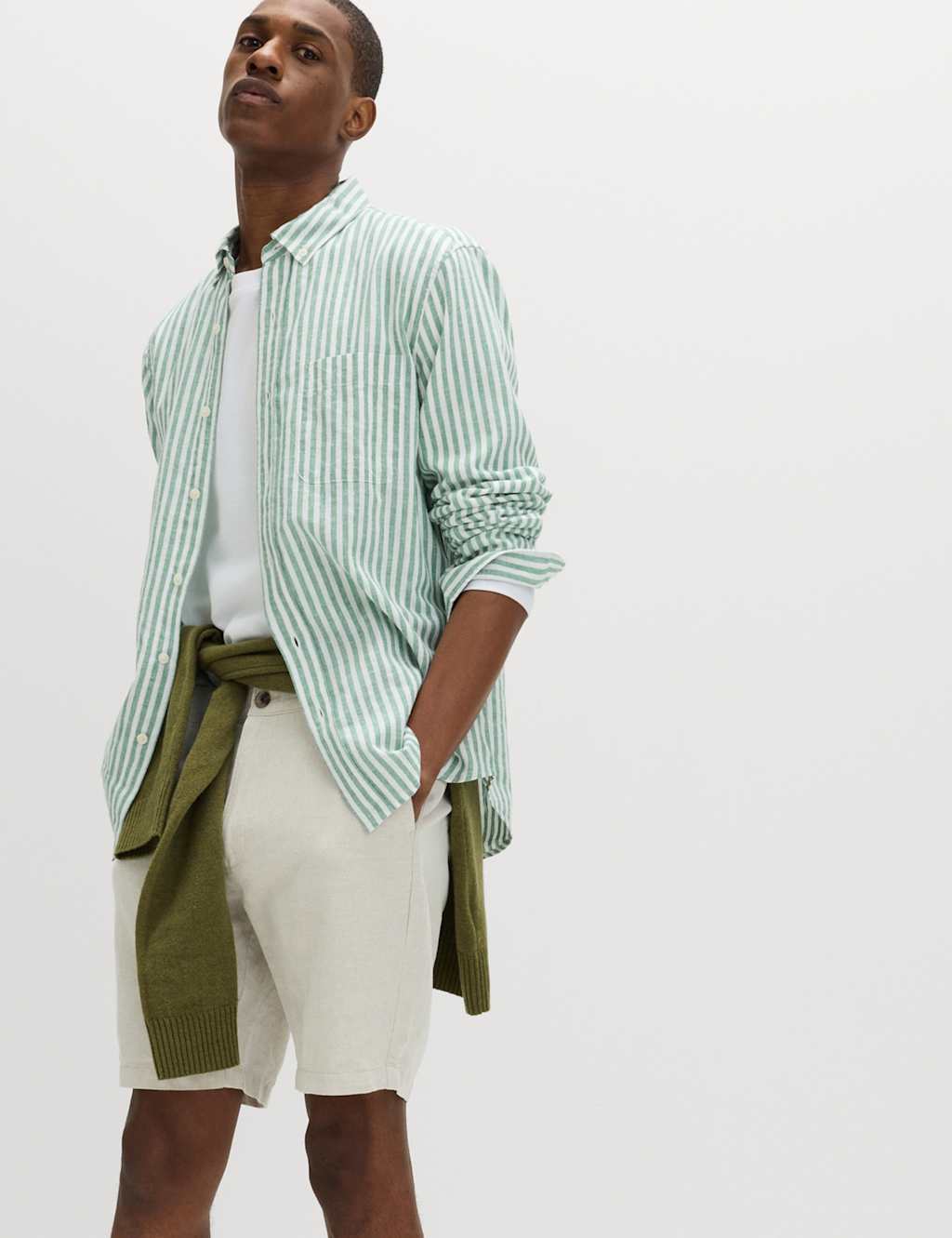 M&S Men's Linen Cotton Blend Striped Shirt - 3XL - Green Mix