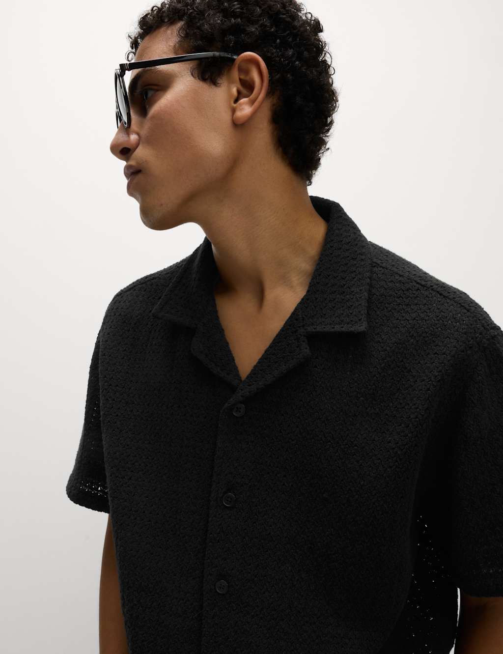M&S Collection Men's Pure Cotton Knitted Shirt - XLREG - Black, Ecru,Black