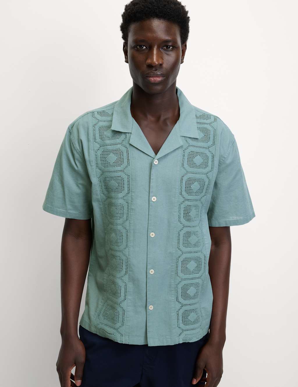 M&S Relaxed Fit Cotton Rich Textured Shirt Blue