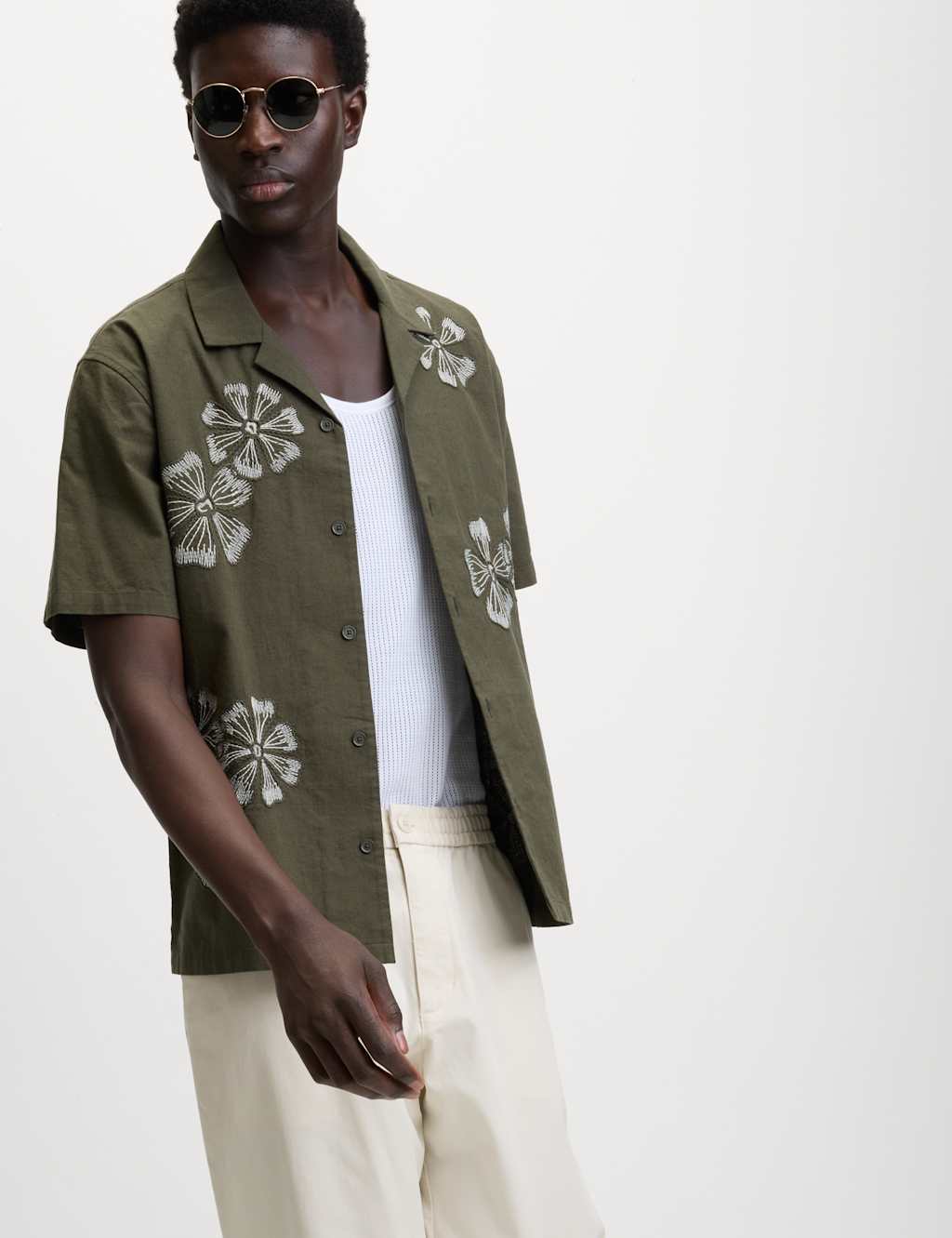 M&S Regular Fit Cotton Linen Blend Short Sleeve Shirt Khaki Mix