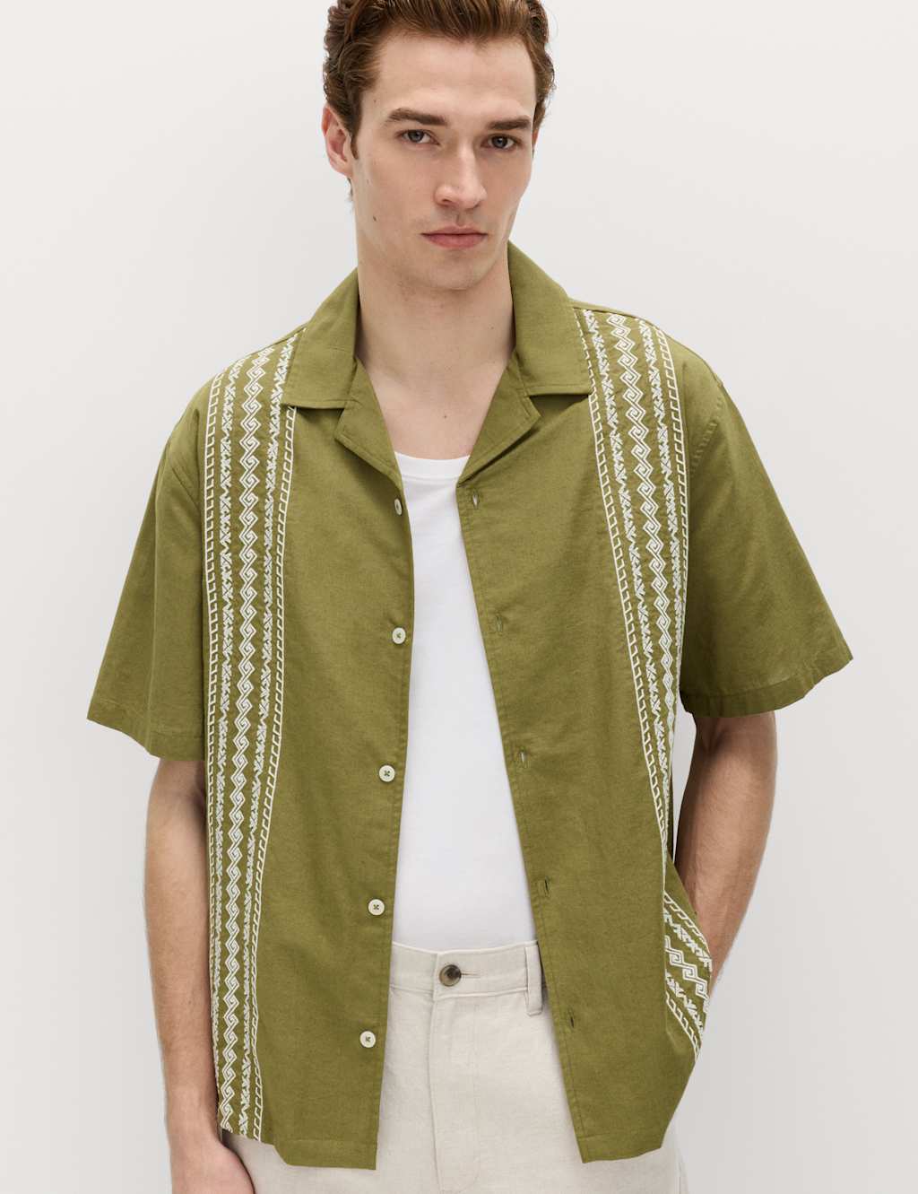 M&S Men's Relaxed Fit Cotton Rich Short Sleeve Shirt - M - Olive Mix