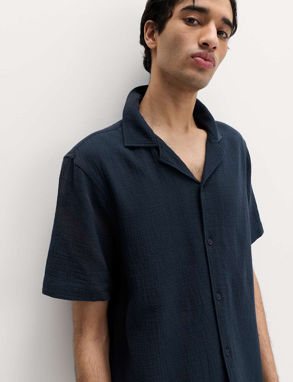 M&S Men's Pure Cotton Textured Shirt - S - Navy