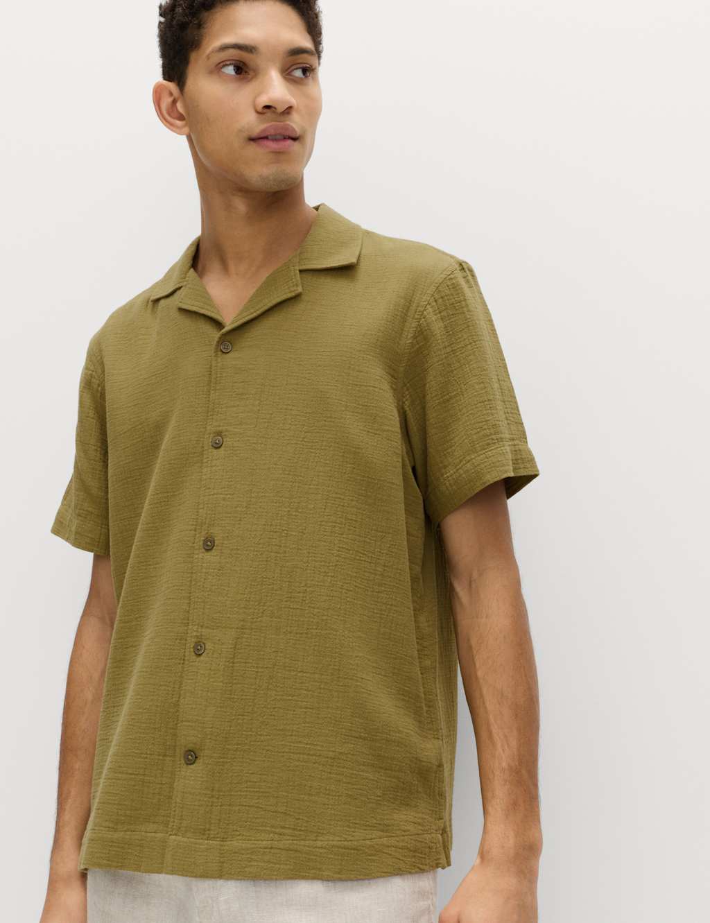 M&S Men's Pure Cotton Textured Shirt - 3XL - Olive