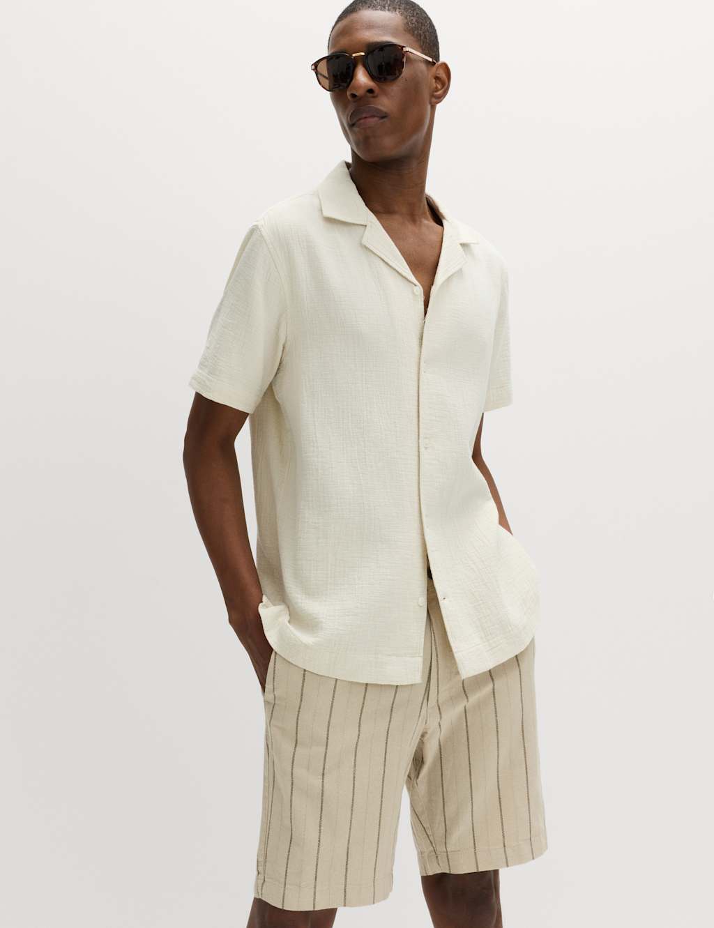 M&S Men's Pure Cotton Textured Shirt - S - Ecru Mix